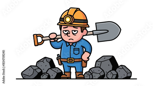 Drawn Miner in Illustration: A determined miner stands ready with shovel and hardhat, embodying the grit and dedication of labor, and a commitment to excavation.