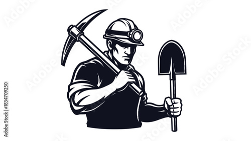 Meticulous Miner and Tools: A determined miner stands with tools in hand, exuding resolve in a dark silhouette illustration, ready to conquer the depths of the earth.