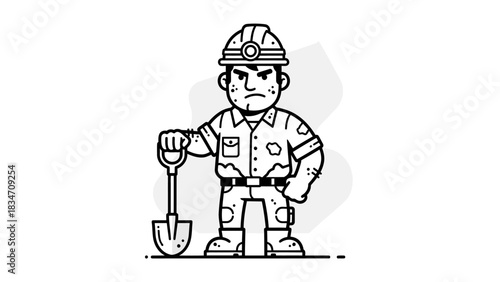 A cartoon illustration of a determined miner wearing a hard hat and holding a shovel, standing with a serious expression.