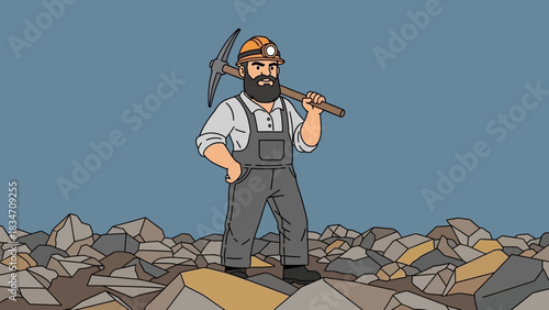A cartoon illustration of a bearded miner standing on a pile of rocks, holding a pickaxe over his shoulder, wearing a hard hat with a lamp.