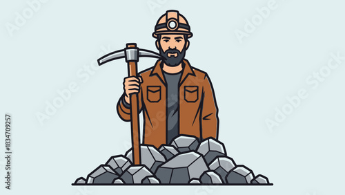 Industrious Miner with Pickaxe: A determined miner, equipped with a pickaxe and helmet, stands proudly beside a pile of ore, signifying hard work and the pursuit of valuable resources.