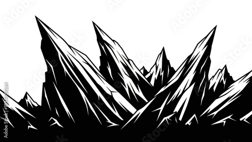 A stylized, graphic illustration of sharp, jagged black mountain peaks against a white background.