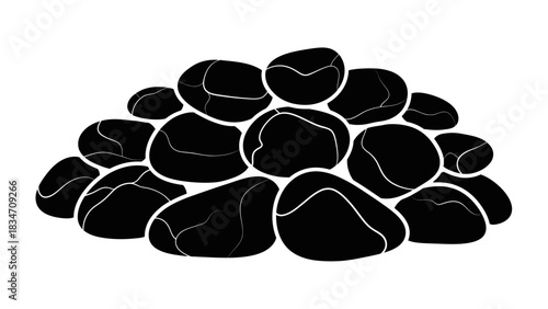 A pile of smooth, dark, rounded river stones or pebbles, stacked together on a white background.