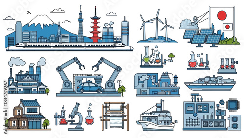 Explore vibrant Japanese industry and iconic landmarks with this illustration featuring technology, manufacturing, and renewable energy sources for a modern feel