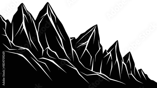  Majestic Mountain Peaks Silhouette: Striking black and white silhouette of towering mountain peaks, a powerful depiction of nature's grandeur and rugged beauty. 