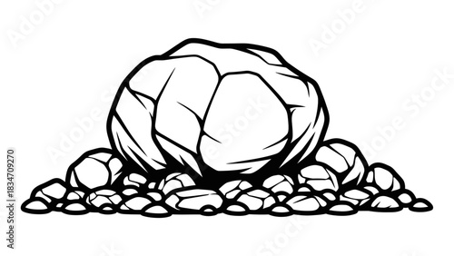 A large, rough, irregular boulder resting on a pile of smaller stones and pebbles.