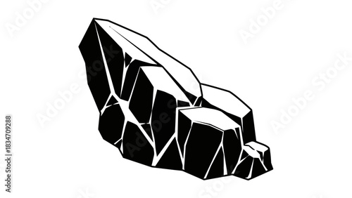 A stylized black and white illustration of a jagged rock formation with sharp edges and crystalline facets.
