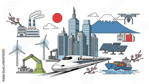 Modern Japan innovation and technology featuring bullet train, wind turbines, solar panels, and factories with Mount Fuji in the background on white