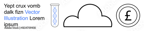 Biotechnology, cloud computing, financial transactions, digital storage, lab research, currency concepts. DNA strand in testing tube, cloud and pound symbol. Biotechnology and cloud computing