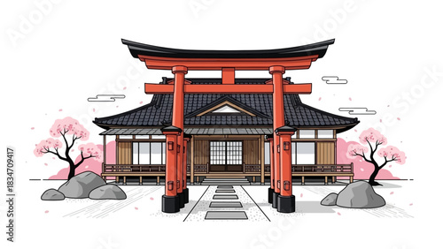 Discover the serene beauty of a Japanese shrine with cherry blossoms, perfect for cultural designs, travel inspiration, and peaceful backgrounds for your projects
