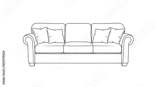 Elegant three-seater sofa sketch with pillows, perfect for interior design mockups and contemporary living room concepts, ideal for home decor projects