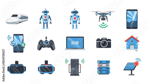 Modern technology innovations showcase features a sleek bullet train, robots, drone, solar panel, VR headset, game controller and smart devices for digital lifestyle