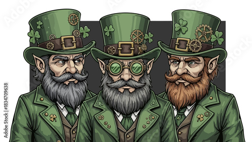 A whimsical illustration of three stern-faced steampunk leprechauns in green top hats adorned with gears and shamrocks for St. Patrick's Day