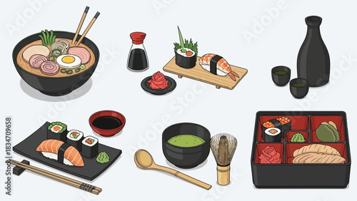 Delicious Japanese Cuisine Set Featuring Sushi, Ramen, and Bento Box for Authentic Dining Experience and Cultural Immersion in Food