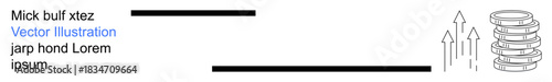 Economic growth, financial projections, data analysis, technology, business planning, research. Graph bars and stacked coins with arrows pointing upward. Economic growth and financial projections