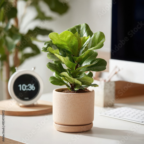Fiddle leaf fig plant in ceramic pot on desk with clock