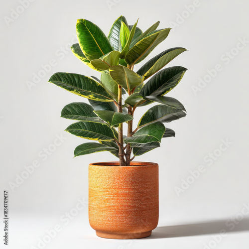 Green rubber plant with variegated leaves in orange pot