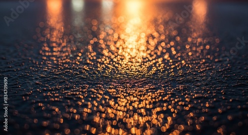 Fototapeta Naklejka Na Ścianę i Meble -  Golden sunset light reflects off dark ocean water at dusk or dawn.