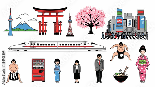 Discover Japan's iconic landmarks, cherry blossoms, sumo wrestlers, and delicious cuisine, perfect for travel guides and cultural presentations!