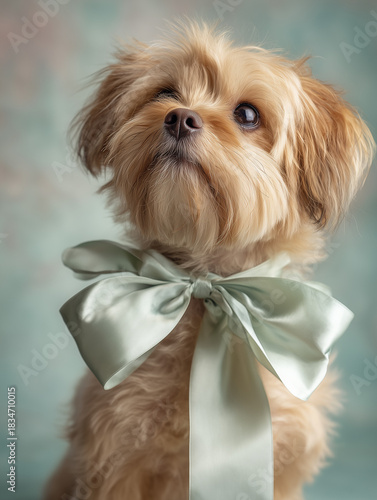 cute puppy with pink bow, adorable dog ribbon portrait
