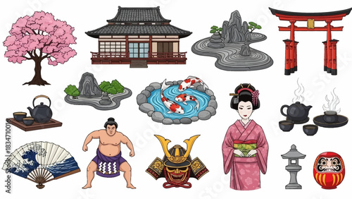Explore fascinating Japanese culture icons with geisha, serene koi pond, sumo wrestler, cherry blossom, tea ceremony, and temple in a vibrant collection