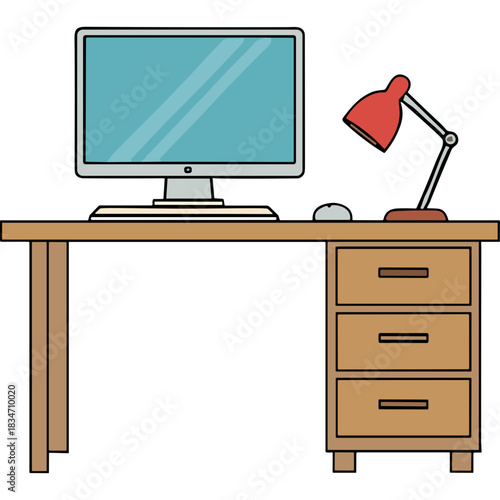 Computer desk with drawers and red lamp showing light on a light blue screen in a simple flat design style illustrating an office workspace