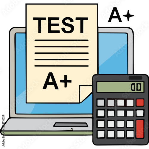 Computer screen displaying a test paper with A+ grade next to a calculator symbolizing academic success and achievement in education