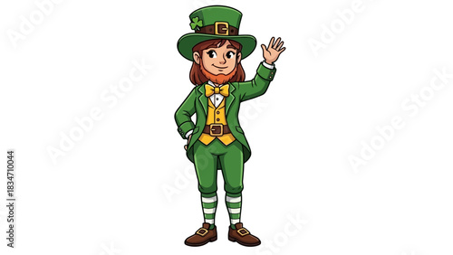 Dynamic cartoon of a determined leprechaun with red beard and green attire, fists clenched, standing against a shamrock, symbolizing Irish folklore, luck, and festivity