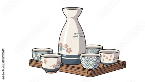 Elegant sake set with floral design, perfect for cultural events and traditional celebrations, adding a touch of Japanese artistry to your projects