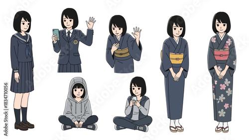 Diverse young woman in modern Japanese styles, from school uniform to kimono, expressing youth culture and tradition with a blend of casual and formal attire