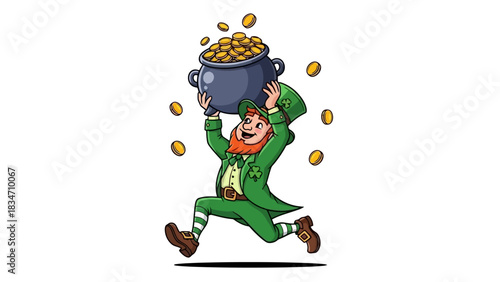 Leprechaun running with pot of gold coins, Saint Patrick's Day celebration