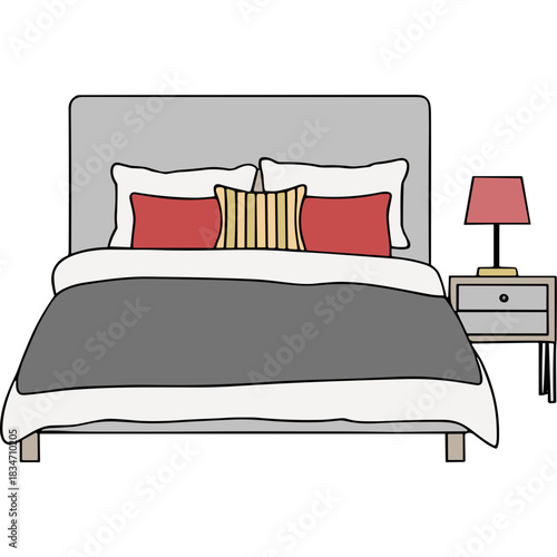 Cozy Bedroom Scene With Plush Gray Bed And Red Accent Pillows Beside A Nightstand With A Lamp Cozy Bedroom Scene With Plush Gray Bed And Red Accent Pillows Beside A Nightstand With A Lamp
