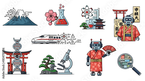 Futuristic Japan science and technology icons perfect for innovation presentations or educational materials, showcase progress in a visually engaging way