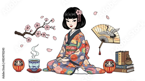 Elegant Japanese woman in kimono enjoying tea surrounded by cherry blossoms and traditional objects, bringing a touch of serenity and culture, exquisite design