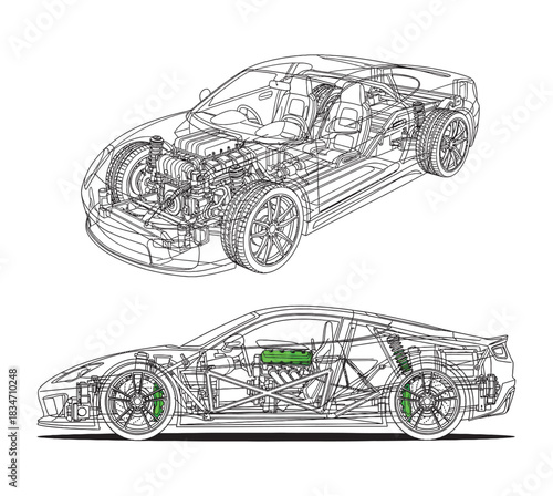 Detailed wireframe diagrams illustrating the internal components and structure of a modern sports car from isometric and side views.