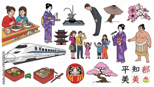 Explore Japanese culture with iconic symbols like sushi, geishas, bullet trains, and cherry blossoms for a vibrant and authentic experience.