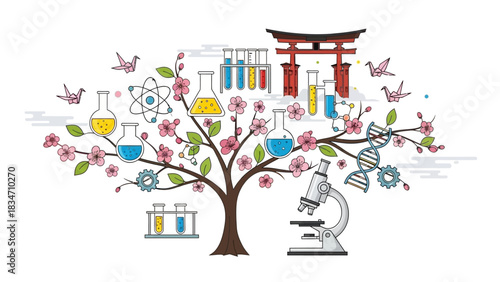 Science blossoms like cherry trees in spring, a blend of nature, biology, and chemistry for educational materials and creative science projects