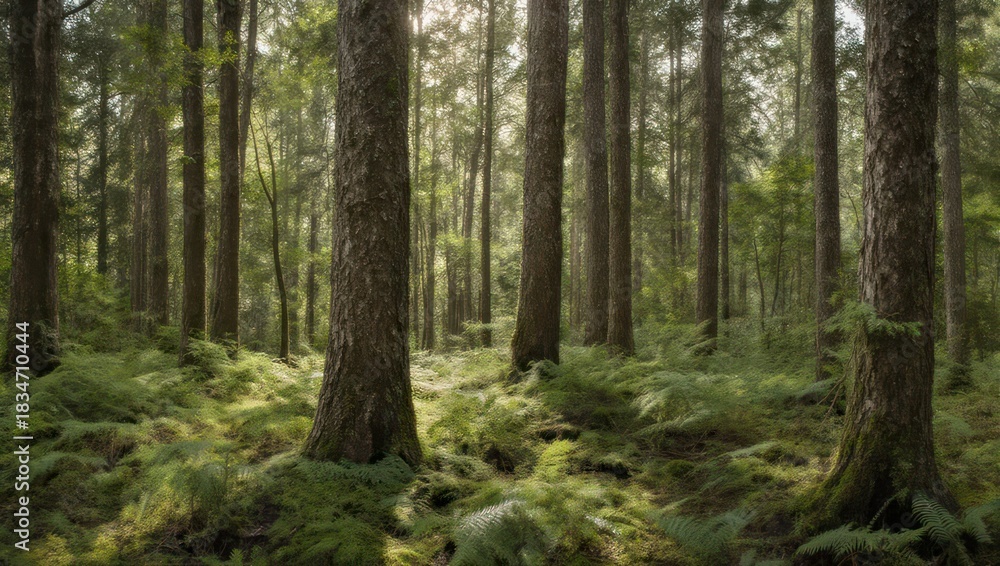 Obraz premium Lush Forest Scene - Tall Trees and Green Undergrowth.