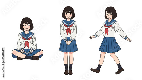 Cute manga style Japanese schoolgirl poses in uniform, perfect for character design, comic art or educational materials with a touch of youthful charm