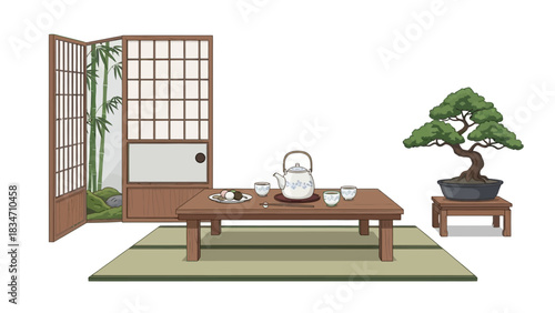 Experience serene tranquility with traditional Japanese tea ceremony setting, complete with bonsai, bamboo screen, and inviting tatami mat for peaceful moments