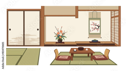 Serene Japanese room interior with tatami mats, shoji screens, floral arrangement, and inviting tea setting for peaceful living and cultural appreciation