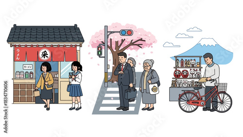 Experience modern Japanese life with vibrant ramen shop, cherry blossoms, and Mount Fuji views, perfect for travel blogs, culture websites, and lifestyle brands