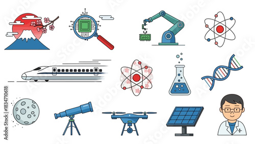 Explore Japan's innovative technology and science with sleek illustrations of iconic landmarks, advanced robotics, and cutting-edge research icons