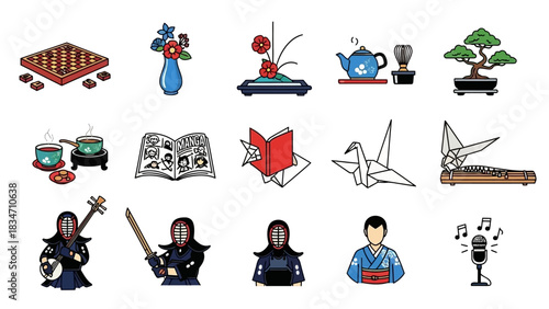 Explore Japanese culture with this vibrant collection of traditional art, crafts, and activities, perfect for travel guides, education, or cultural celebrations