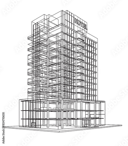 Wireframe rendering of a modern high-rise building with a 'HOTEL' sign, showcasing architectural structure.