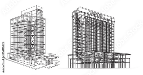 Wireframe architectural drawings of two multi-story buildings, showcasing their structural frameworks and design elements.