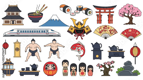 Explore Japanese culture with this delightful scene showcasing iconic landmarks, delicious food, and traditions that capture the essence of Japan