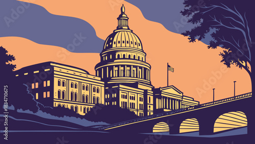 Austin skyline with united states capitol building and bridge is perfect for travel brochures, posters, texasthemed designs, and promotional materials.