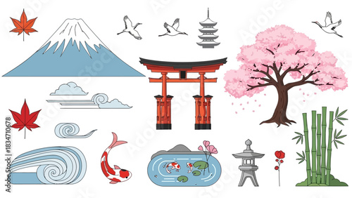 Explore Japanese culture with an iconic collection featuring Mount Fuji, cherry blossoms, koi fish, and serene landscapes for travel and cultural projects