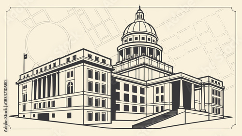 Linear illustration capturing austin skyline with capitol building, streets. Ideal for travel brochures, city guides, tourism websites, and architectural designs.